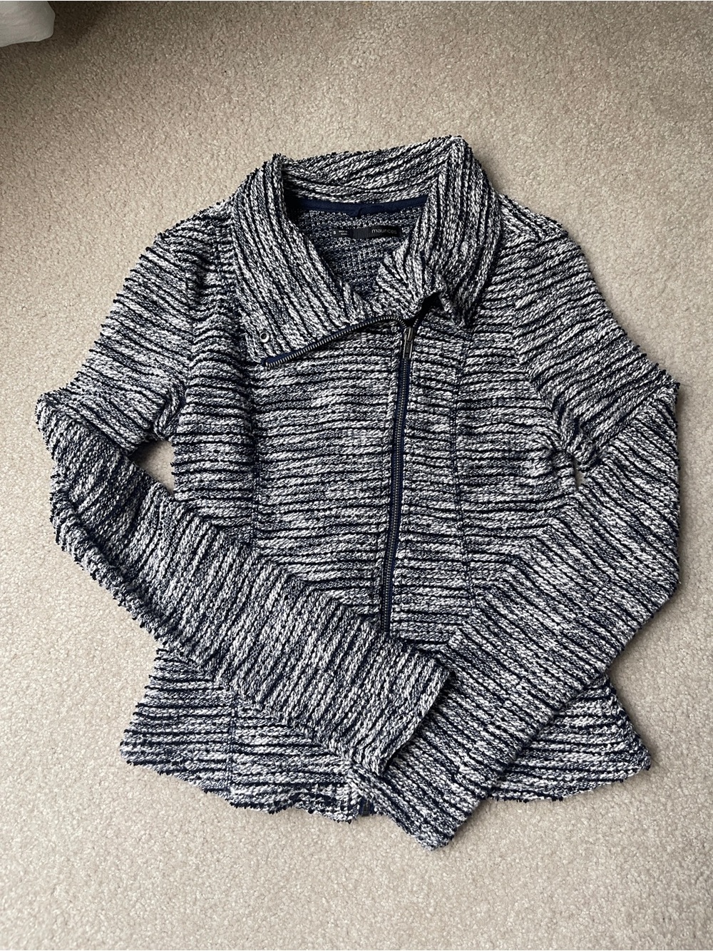 Maurices Blue & White Marled Asymmetrical Zip Knit Jacket
